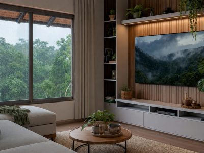 Sala de estar com TV 4K e roteador, preparada para streaming via Starlink com Wi‑Fi e energia protegida.