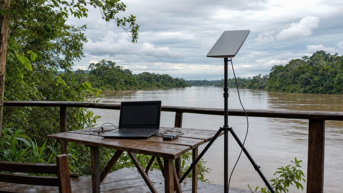 Antena de internet via satélite montada em área ribeirinha na Amazônia para trabalho remoto, com notebook e cabos protegidos.