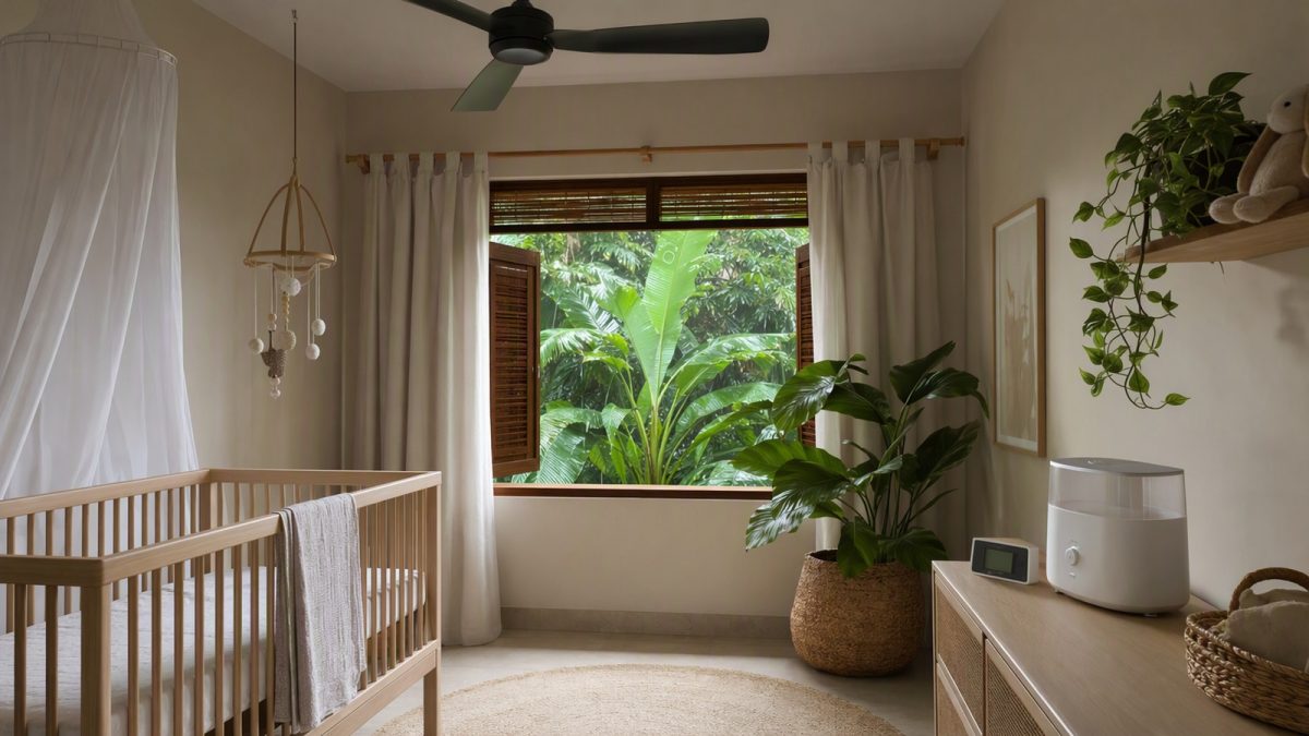 Quarto de bebê arejado com berço, roupa de cama leve, relógio de mesa e umidificador, em clima tropical.