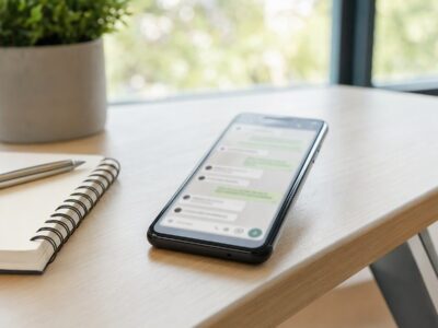 Smartphone sobre mesa de madeira com conversa de chat desfocada na tela, em ambiente iluminado por luz natural, sem pessoas.
